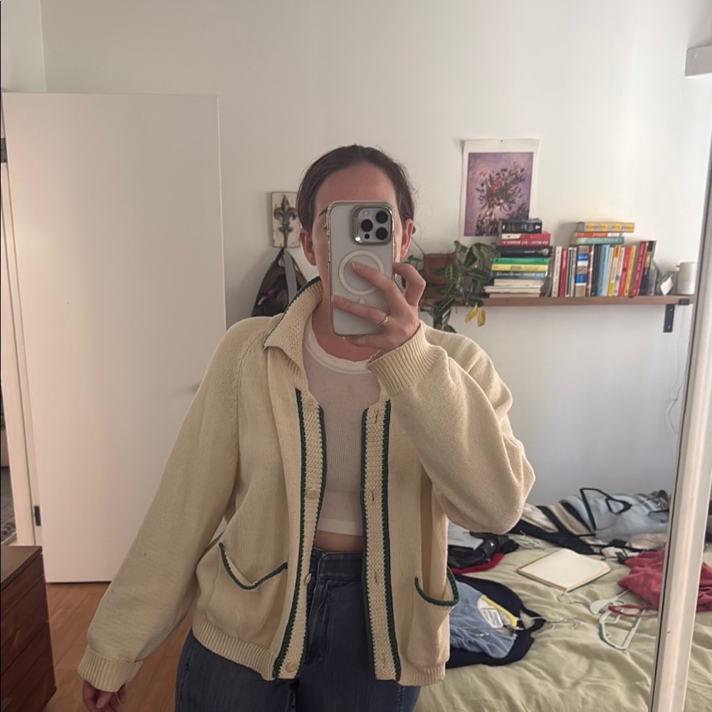 Elegant Cream Cardigan with Green Accents